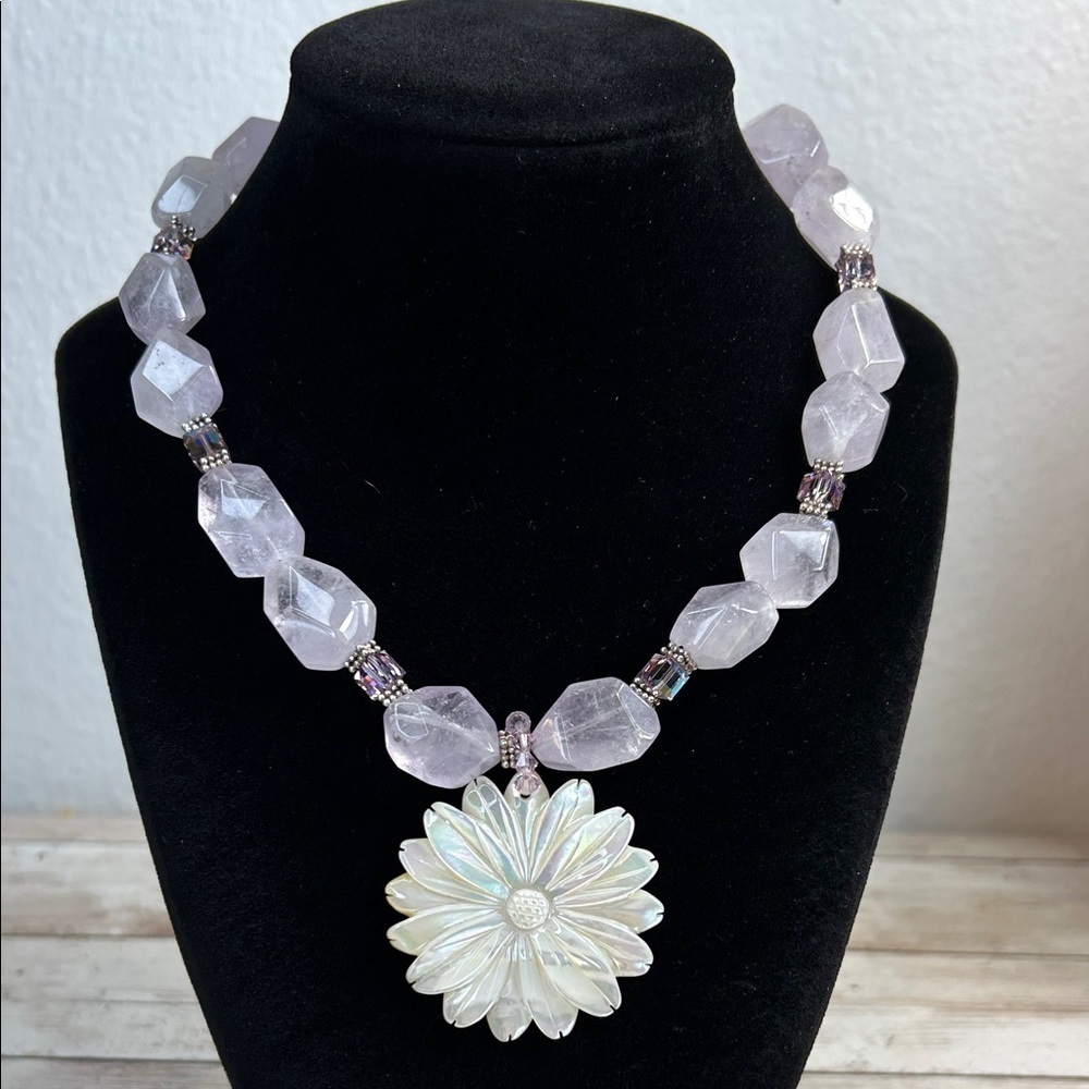 Elegant Lavender Quartz Necklace with MOP Floral Pendant